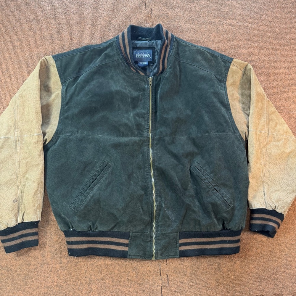 Basic Editions Mens Large Leather Suede Varsity Bomber Jacket Green Tan RN 42000